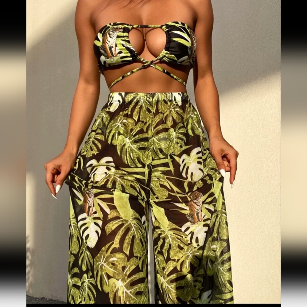 Three piece tropical bikini set